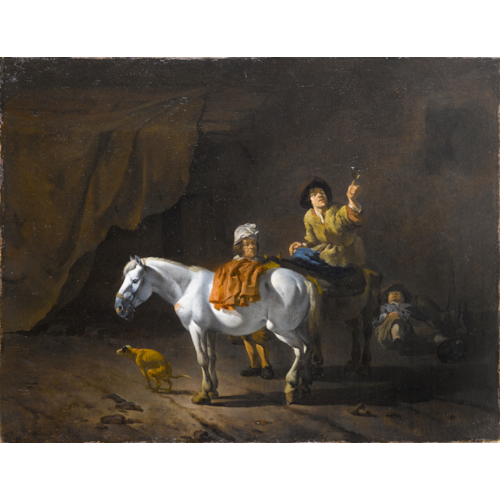 A Horseman Holding a Roemer of Wine with an Ostler Tending the Horses
